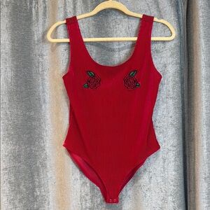 Red Ribbed Bodysuit with Rose Embroidery